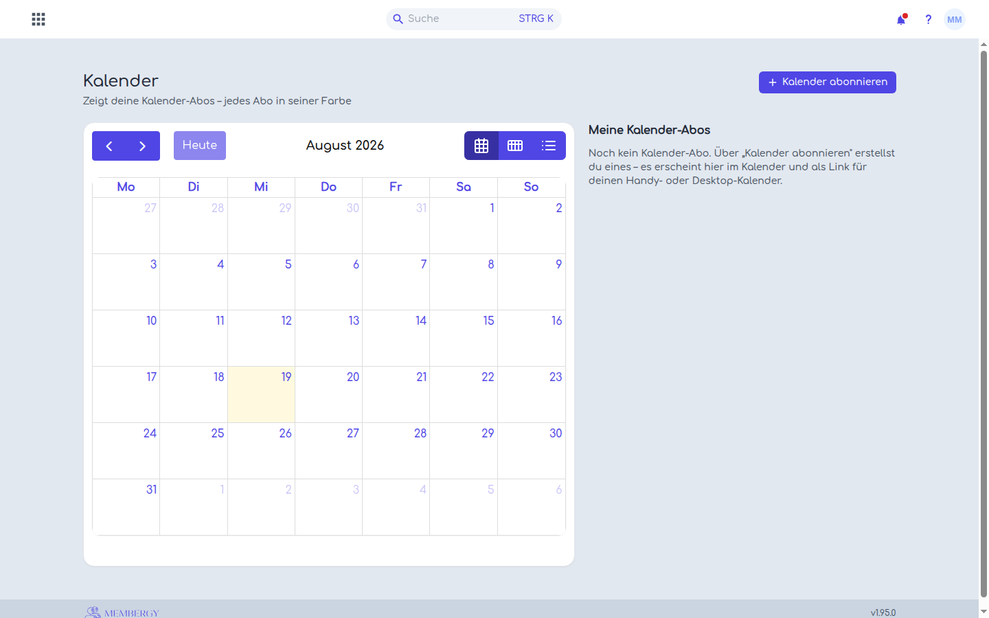 Membergy-Kalender mit der Aktion zum Anlegen eines persönlichen Kalender-Abonnements.