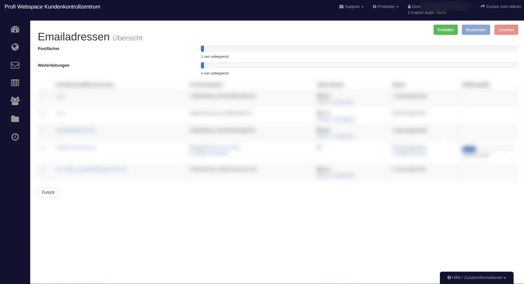 Gewachsenes Profi-Webspace-Kontrollzentrum mit E-Mail-Übersicht und bestehender Administrationsnavigation.