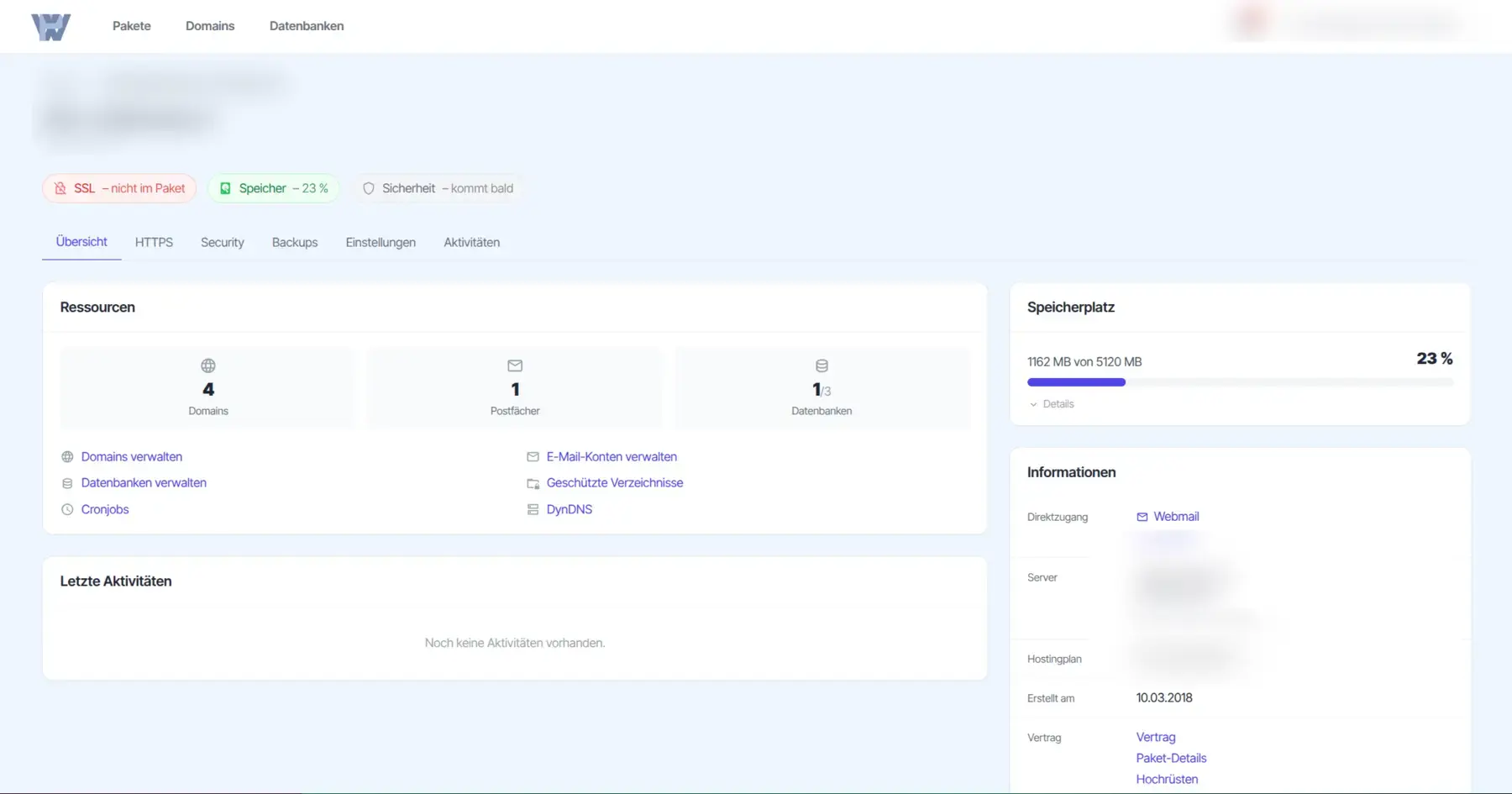 Neues Profi-Webspace-Kontrollzentrum mit Hostingpaketübersicht, Ressourcen, Speicherbelegung und direkten Verwaltungszugängen.