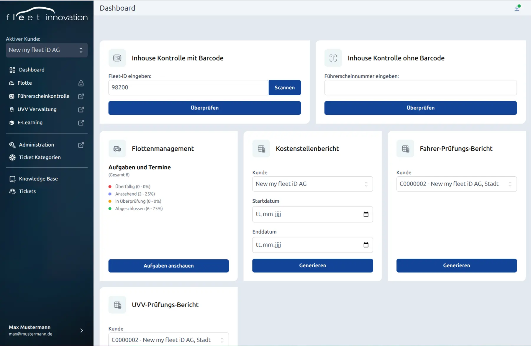 Fleet-iD-Dashboard mit Inhouse-Führerscheinkontrolle, Flottenmanagement und Berichten.