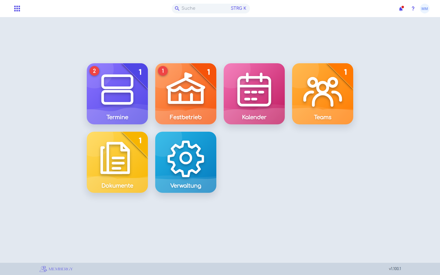 Membergy-Startseite mit Kacheln für Termine, Festbetrieb, Kalender, Teams, Dokumente und Verwaltung.