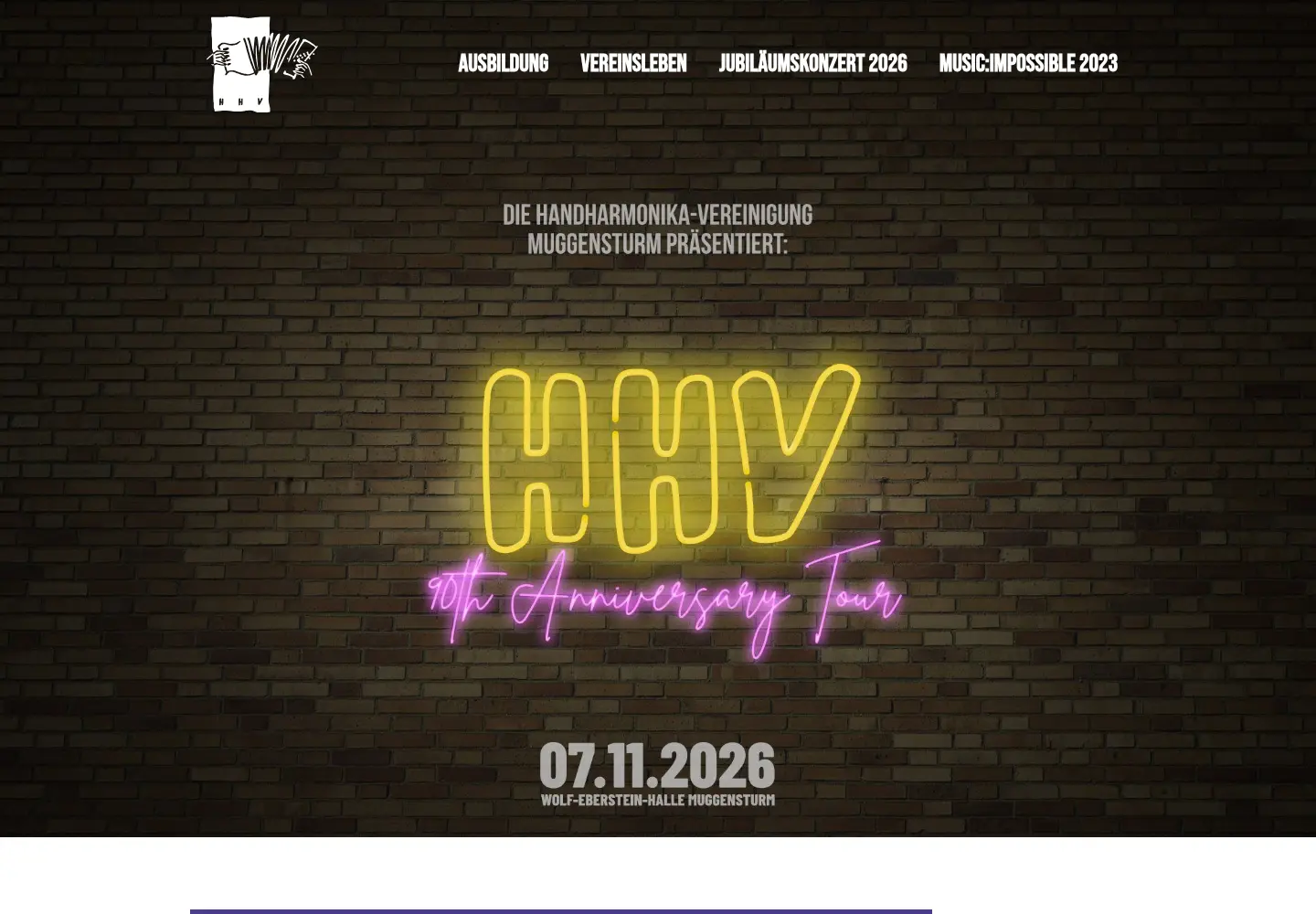 Startseite des HHV Muggensturm mit Jubiläumsmotiv zur 90th Anniversary Tour.
