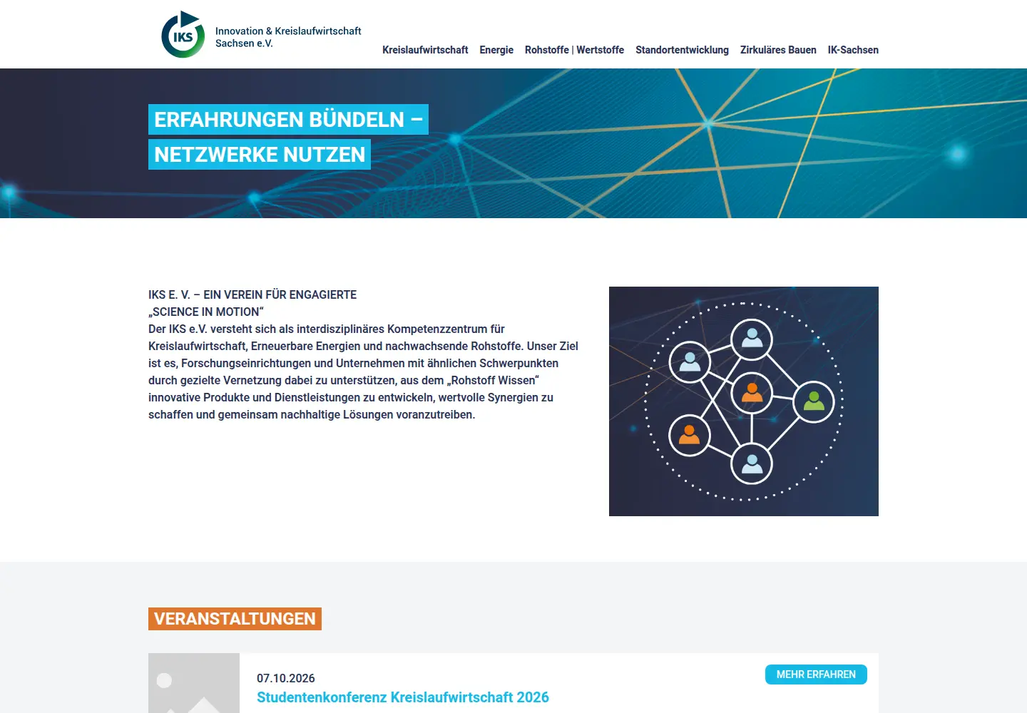 Startseite des Industriekultur Sachsen e. V. mit grafischem Leitmotiv und Einstieg in das Netzwerk.