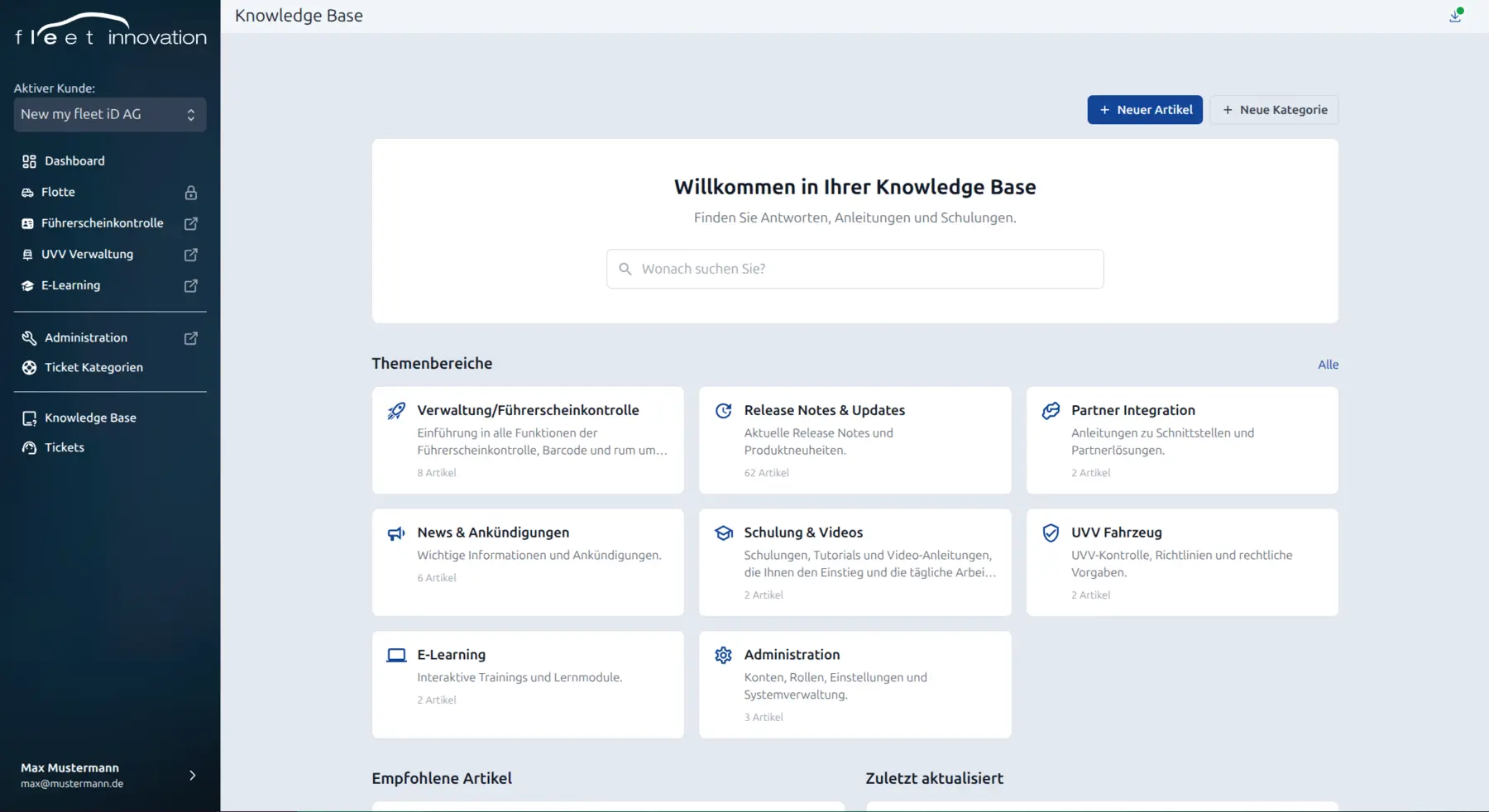 Resourcerer-basierte Fleet-iD Knowledge Base mit Suche, Themenbereichen und redaktionellen Aktionen.
