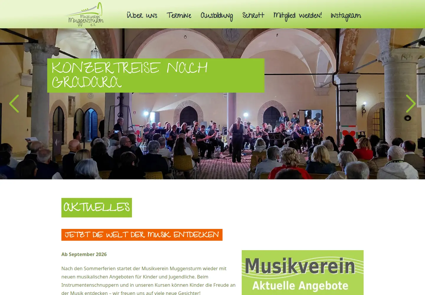 Startseite des Musikvereins Muggensturm mit Konzertfoto und Hinweis auf die Konzertreise nach Gradara.