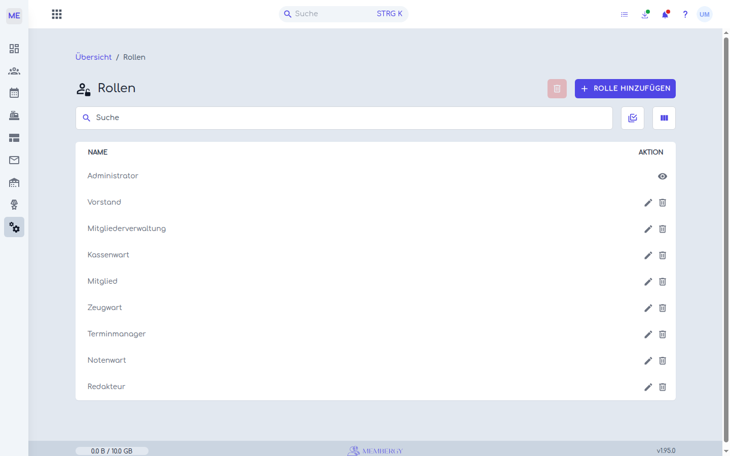 Resourcerer-Ressourcenindex in Membergy mit Suche, Actions und einer Tabelle von Rollen.